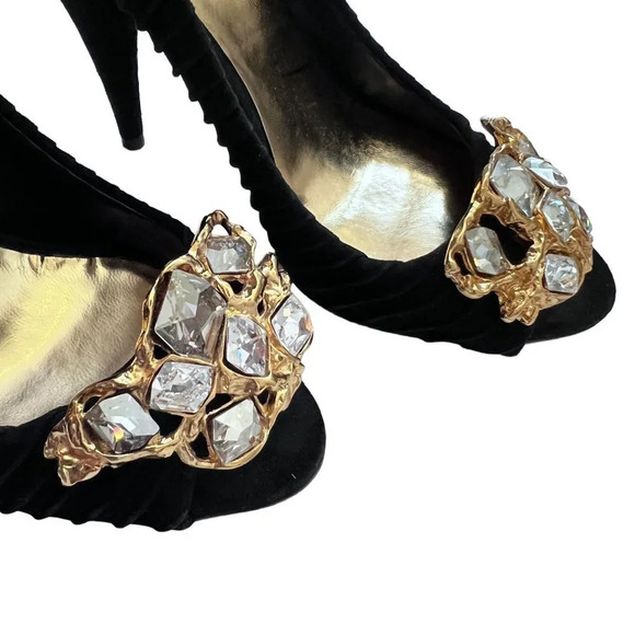 Miu Miu Black Suede Crystal Peep Toe Pumps - Picture 11 of 11